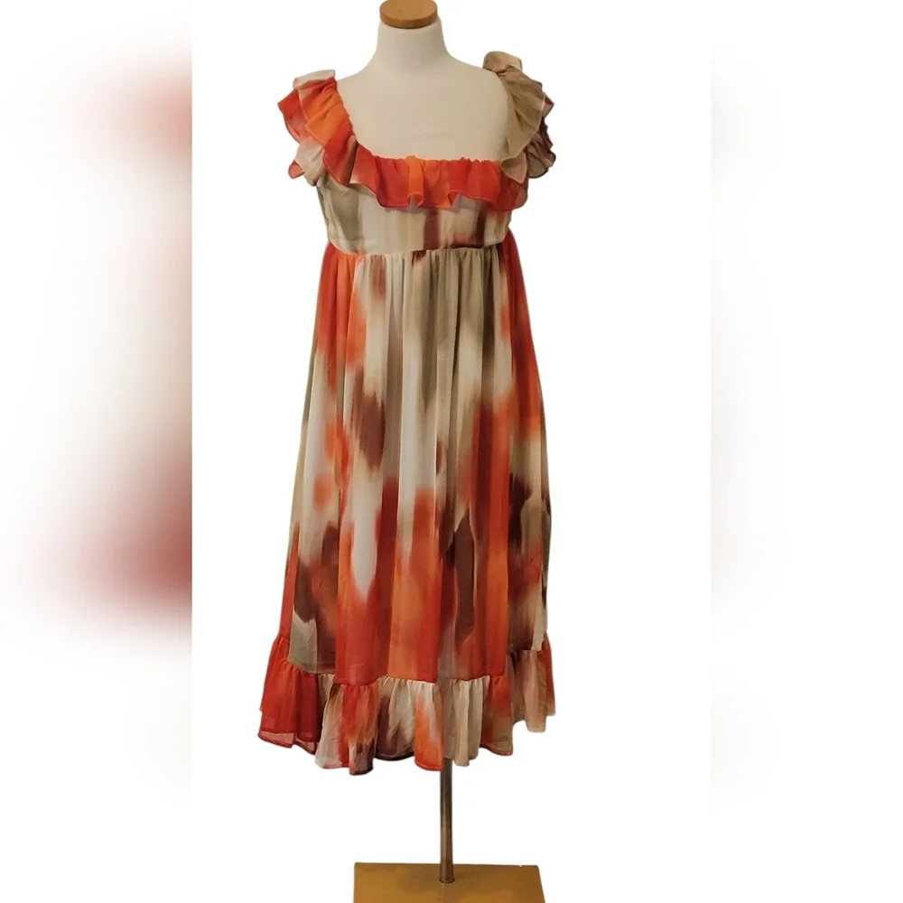 Banana Republic Chiffon Watercolor Ruffle Tie Bow Smocked Midi Dress
